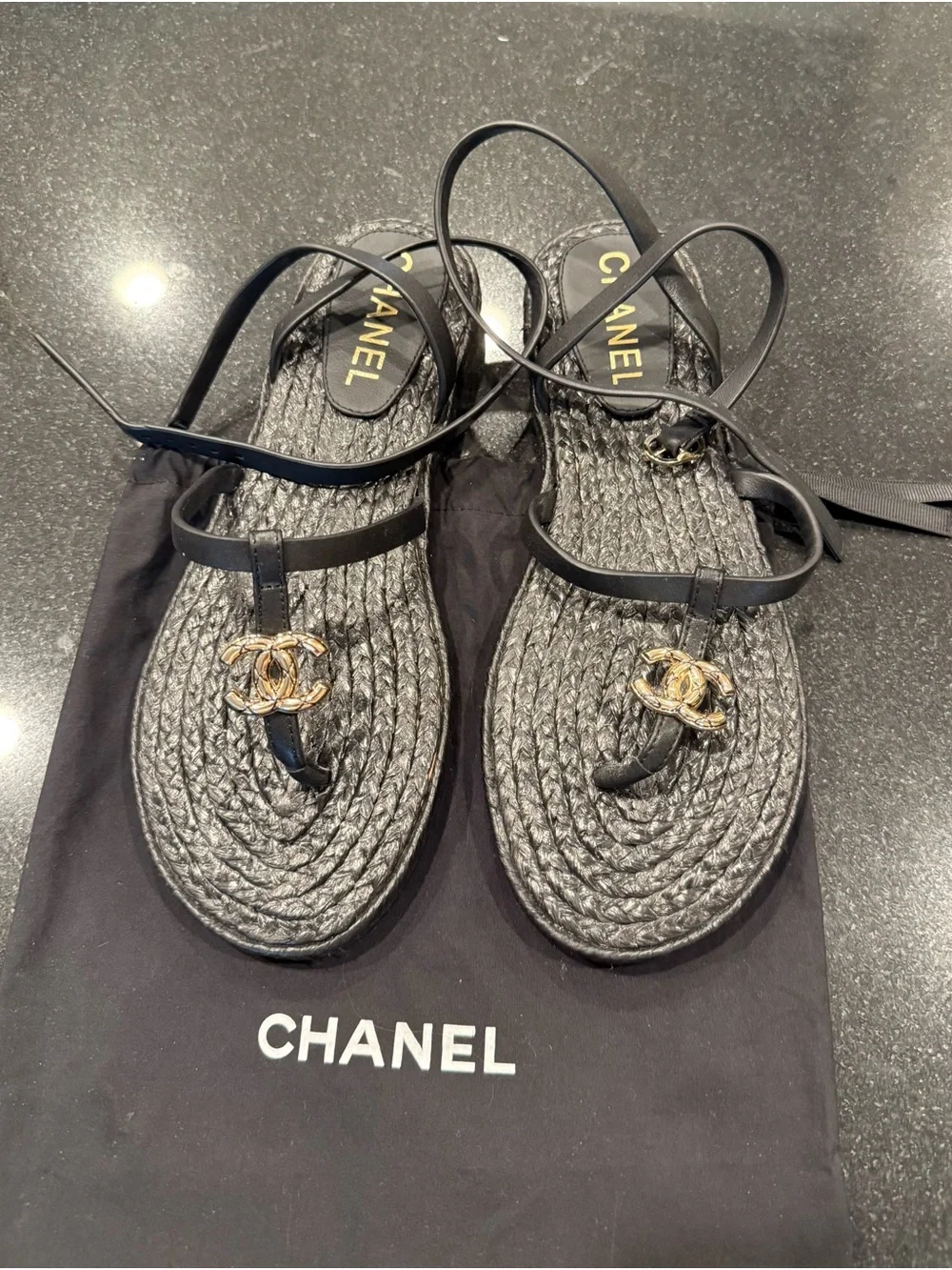 CHANEL Black Braided Espadrille Thong Sandals with Gold CC Emblems - Picture 1 of 2